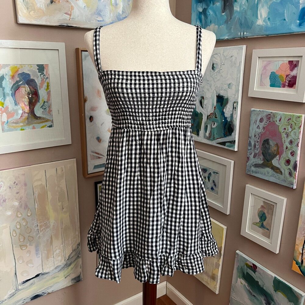 Abercrombie & Fitch Gingham Smocked Mini Dress Navy White‎ Cottagecore Size S